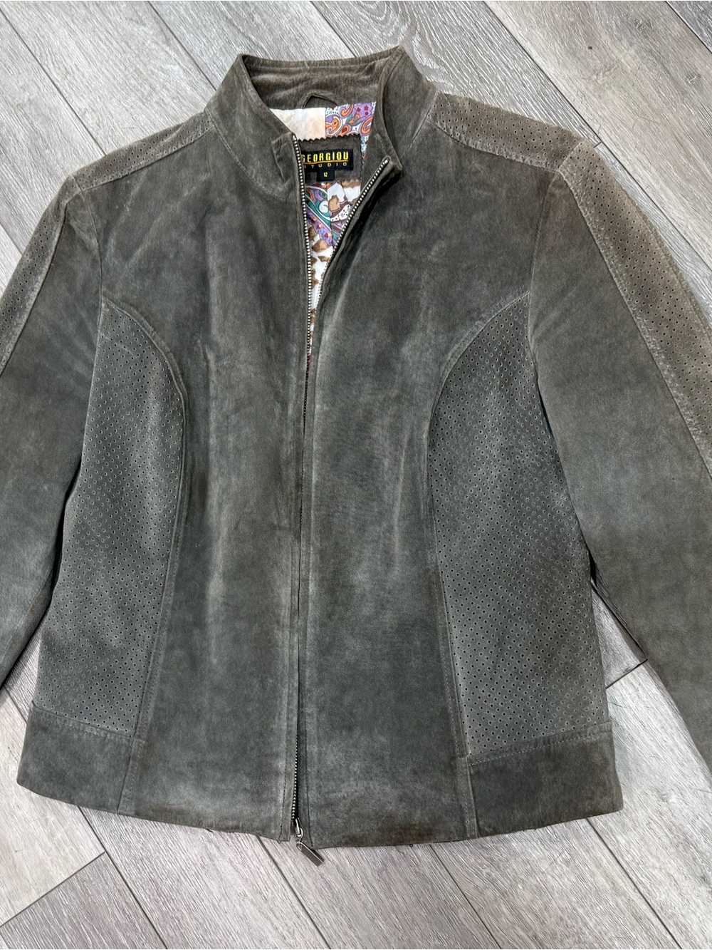 Georgiou Gray Perforated Suede Zip Jacket